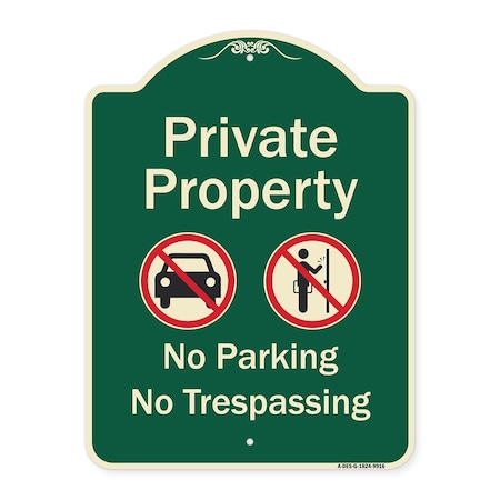 Signmission Designer Series-Private Property No Parking Or Trespassing With Symbols, 24" x 18", G-1824-9916 A-DES-G-1824-9916